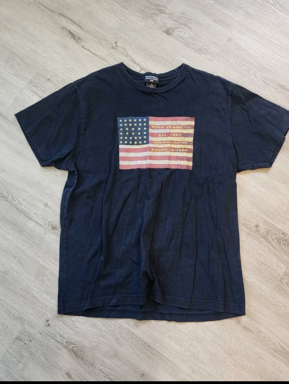 Vintage 1990s Polo Ralph Lauren Graphic American Flag T-Shirt Navy Size XL